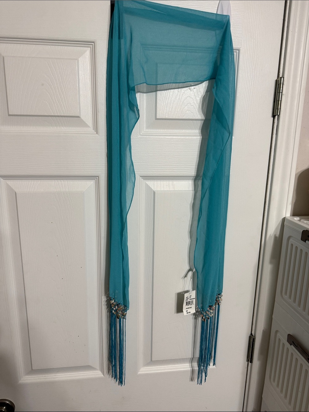 Sheer Teal Fringe Scarf with Beaded Tassels